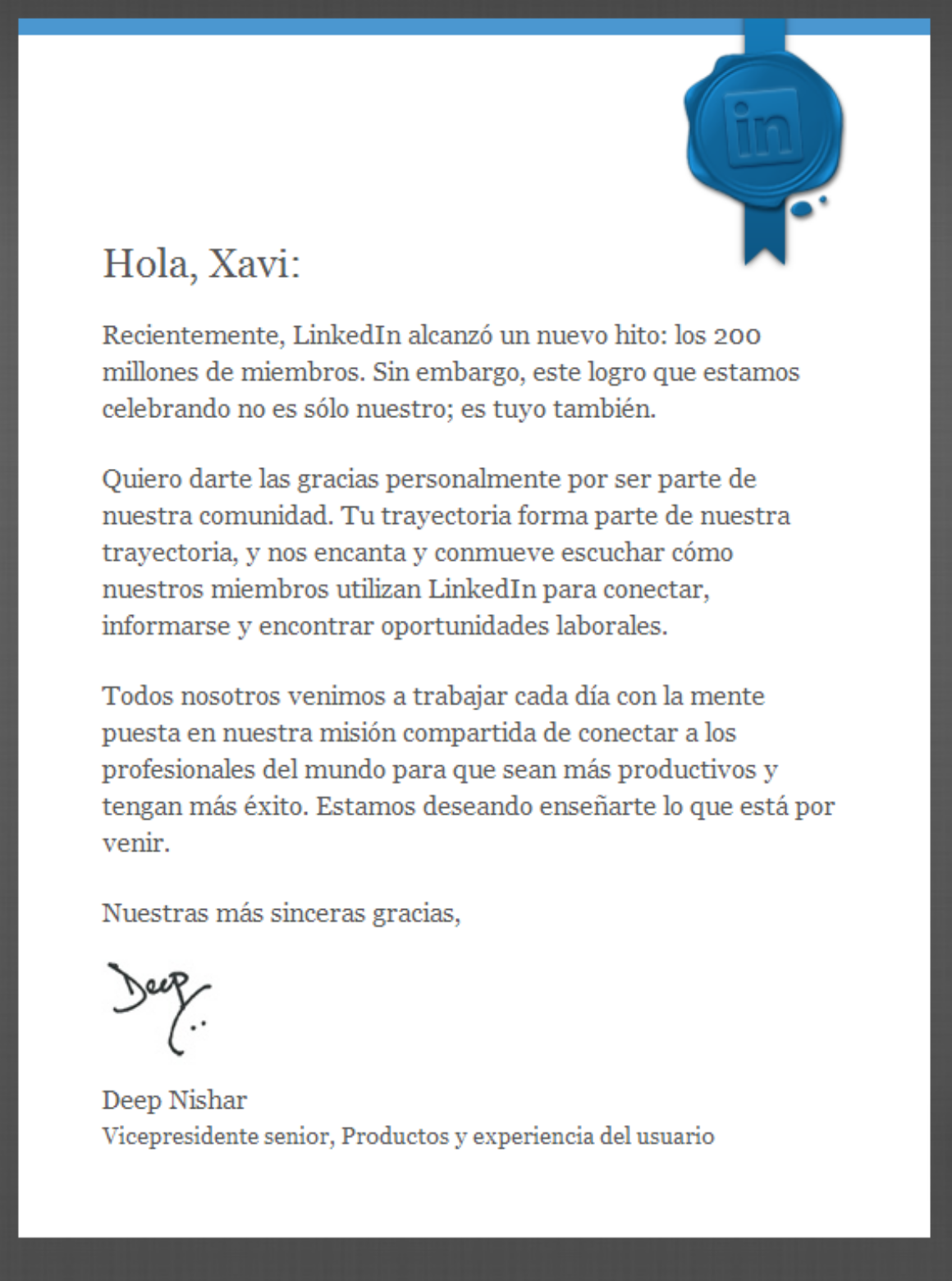 El «vicepresidente senior» de LinkedIn me ha felicitado! Gracias